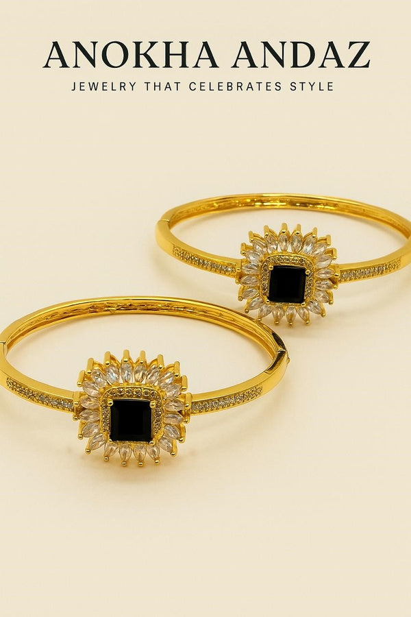 Cubic Zarconia Gold Color with Black Stone Bracelet Pair